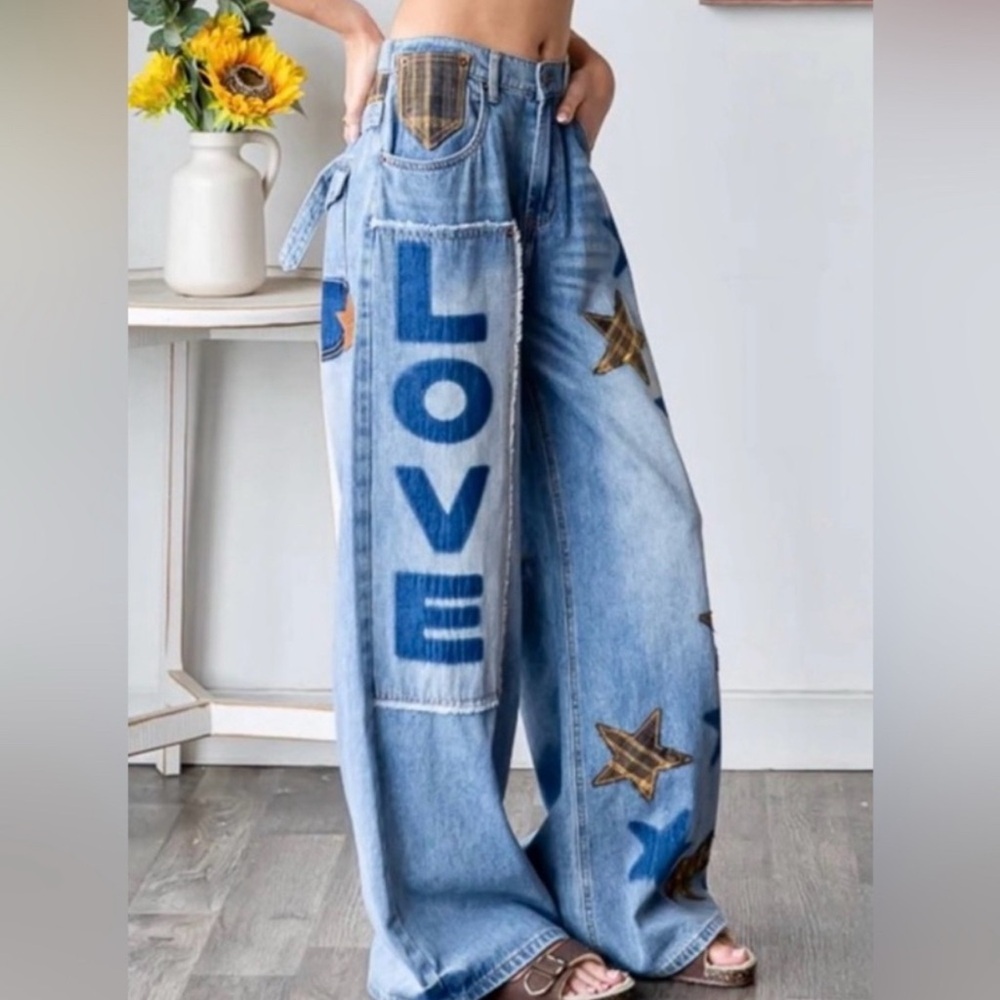 Oli & Hali Love + Stars Patchwork Baggy Jeans | Distressed Denim Pants - Picture 5 of 10